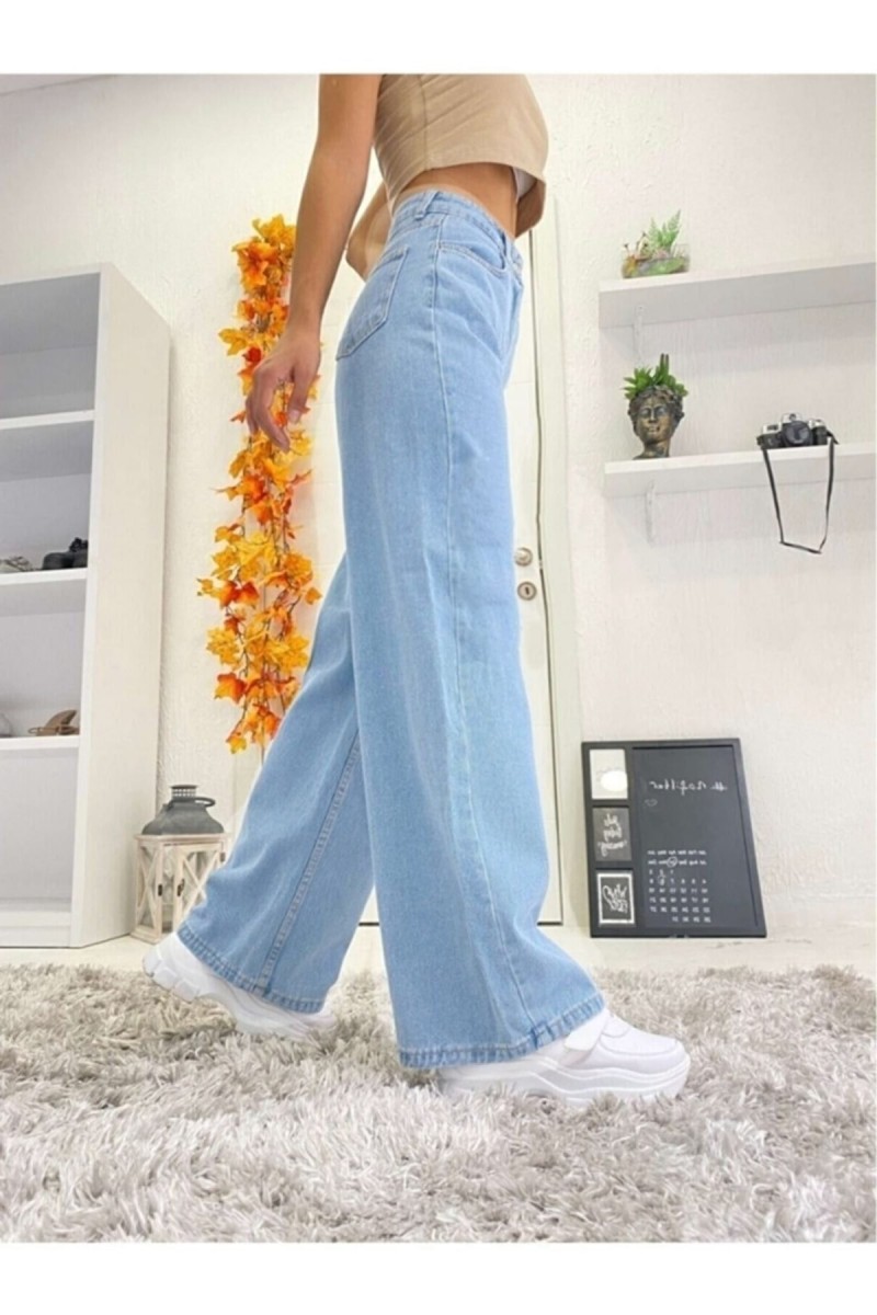 Jass 90's Solmaz Buz Mavi Likralı Süper Yüksek Bel Salaş Jean Pantolon Wide Leg