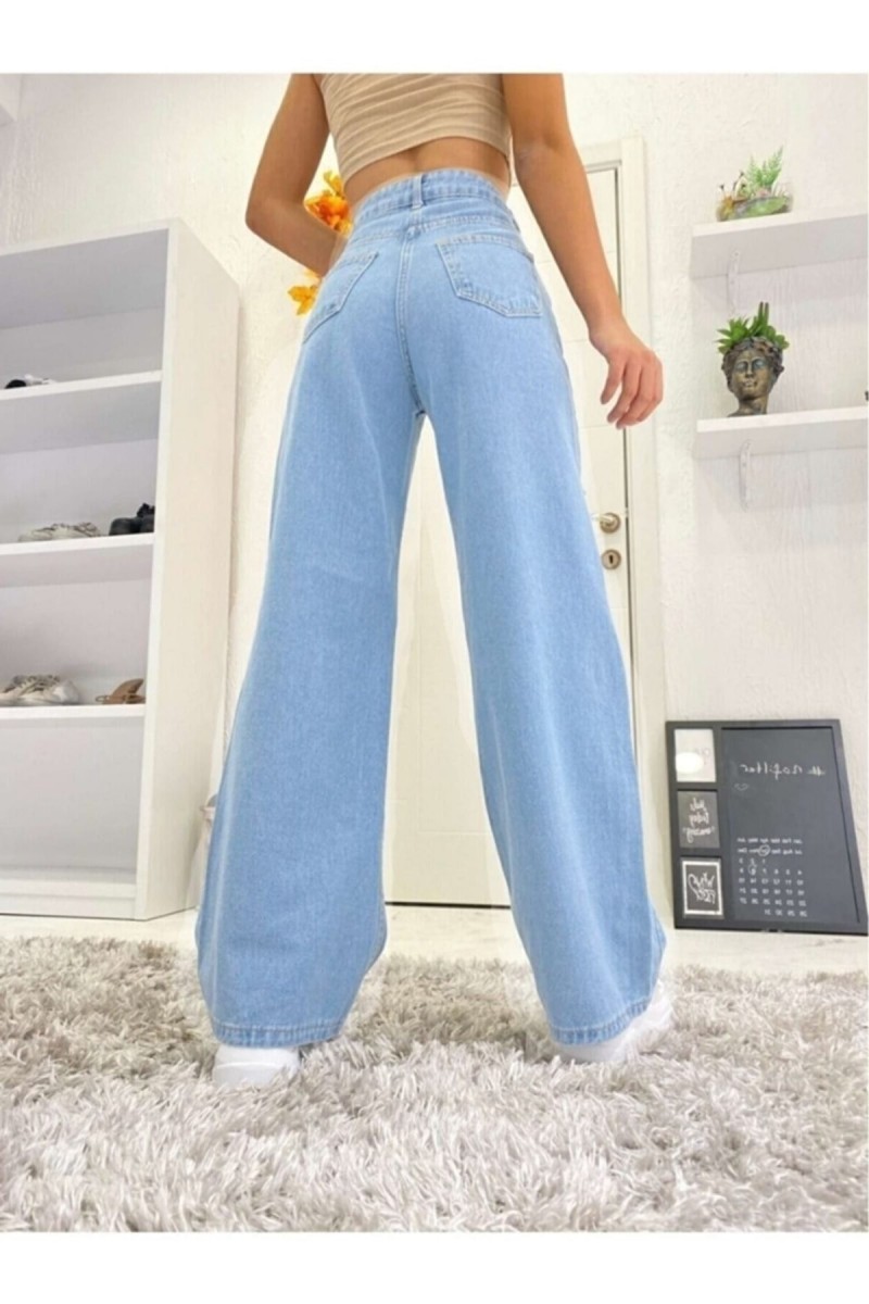 Jass 90's Solmaz Buz Mavi Likralı Süper Yüksek Bel Salaş Jean Pantolon Wide Leg