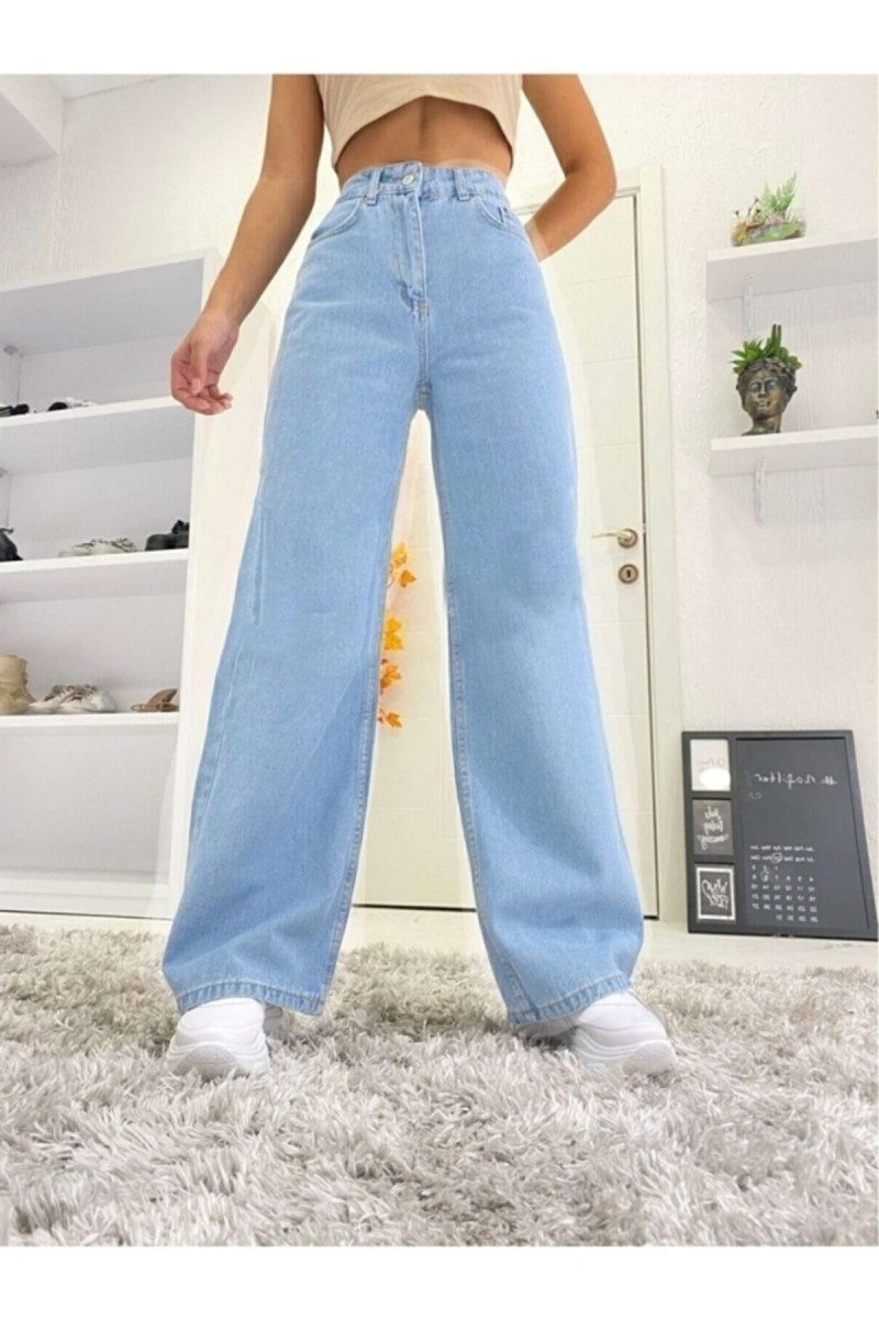 Jass 90's Solmaz Buz Mavi Likralı Süper Yüksek Bel Salaş Jean Pantolon Wide Leg