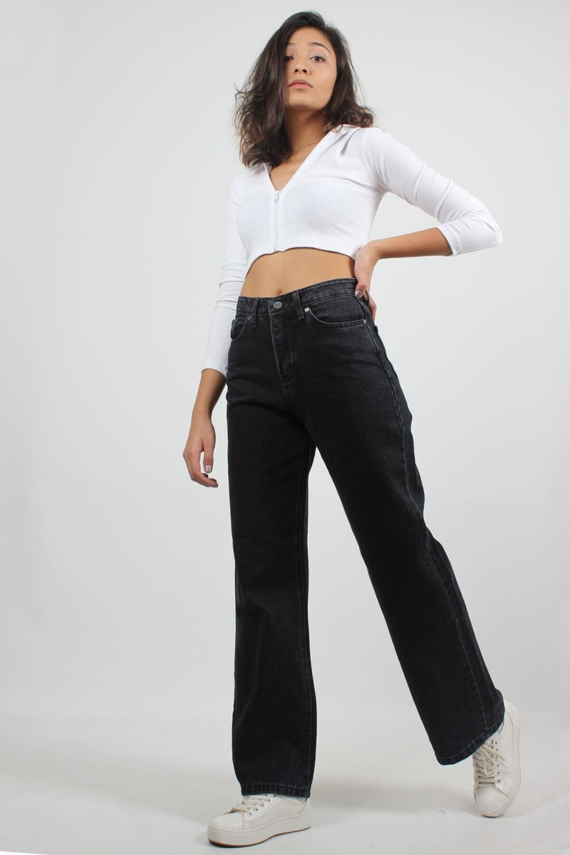 Solmayan Siyah Likralı Süper Yüksek Bel Salaş Jeans Palazzo Pantolon. (SÜPER YÜKSEK.) Wide Leg.