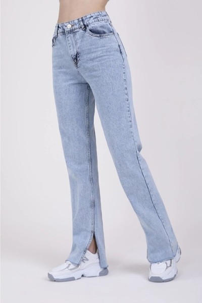Mavi Yırtmaçlı Yüksek Bel Slim Ispanyol Salaş Jeans