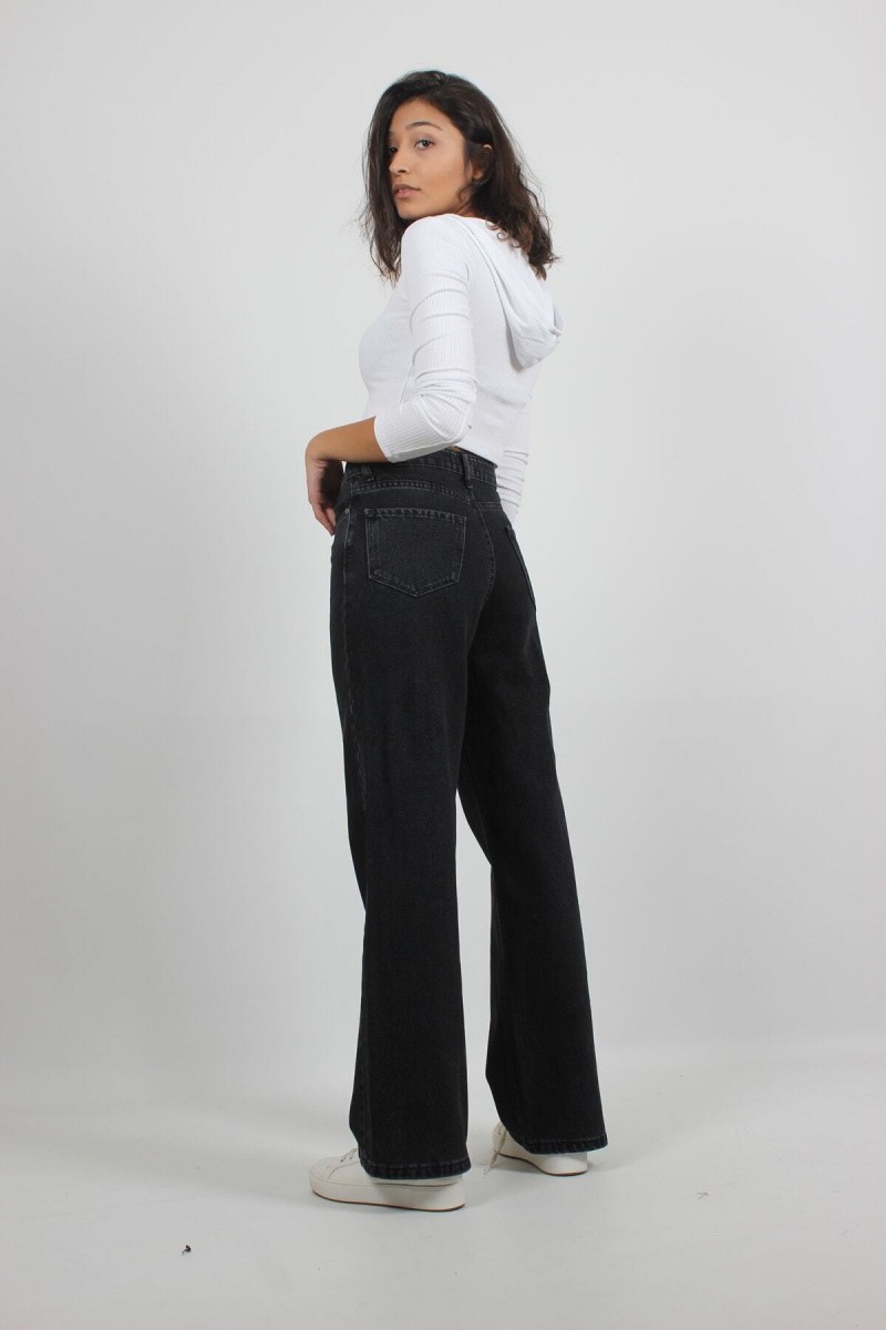 Solmayan Siyah Likralı Süper Yüksek Bel Salaş Jeans Palazzo Pantolon. (SÜPER YÜKSEK.) Wide Leg.