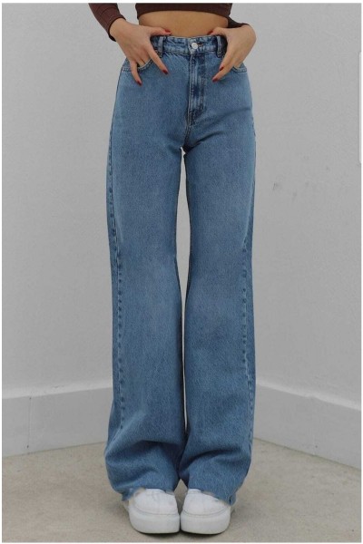 Mavi Likralı Süper Yüksek Bel Salaş Jean Pantolon