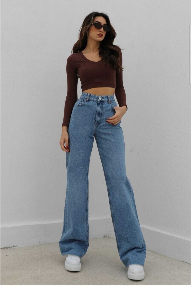 Mavi Likralı Süper Yüksek Bel Salaş Jean Pantolon
