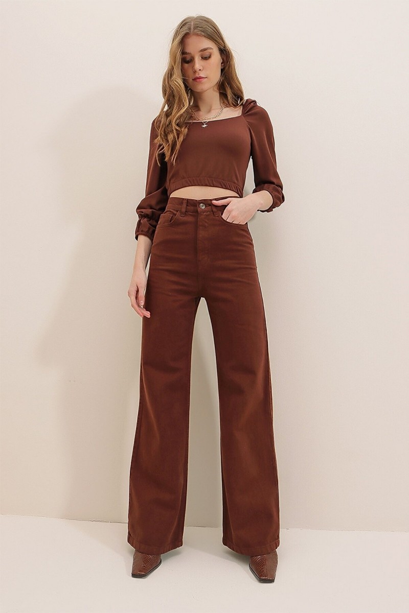 Ela Ikon Gold Salaş Kot Pantolon Kahverengi Likralı Palazzo