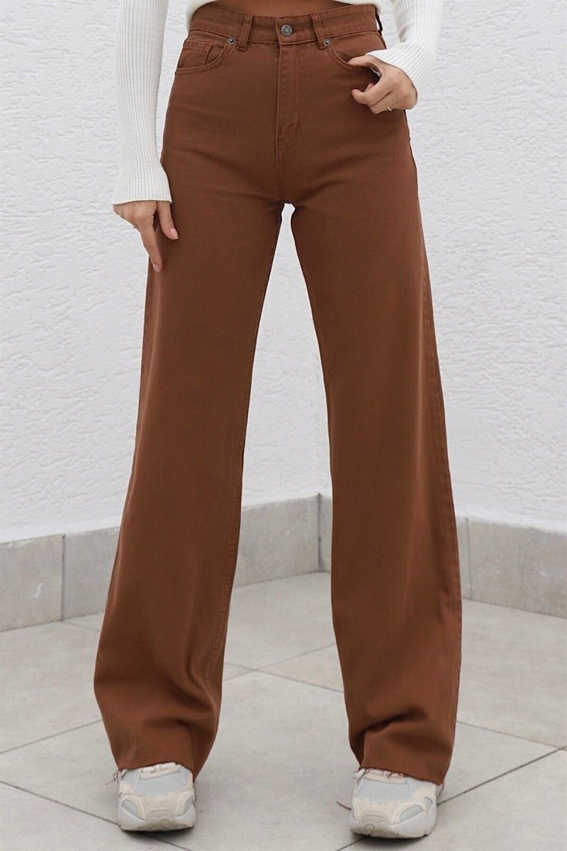 Ela Ikon Gold Salaş Kot Pantolon Kahverengi Likralı Palazzo