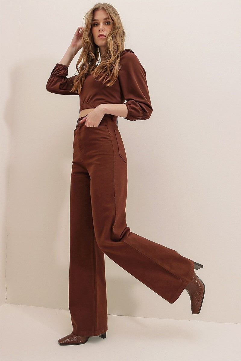 Ela Ikon Gold Salaş Kot Pantolon Kahverengi Likralı Palazzo