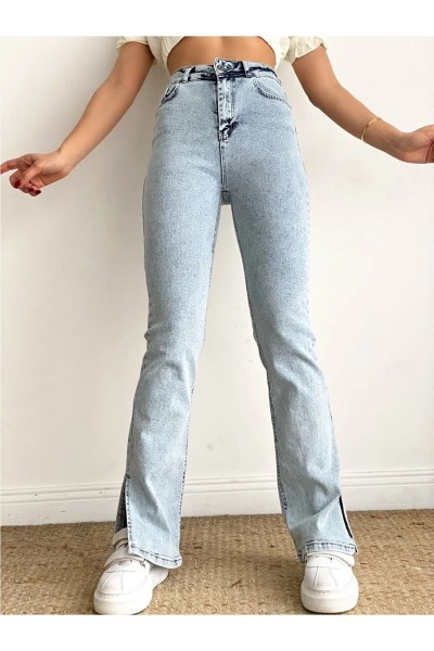Jayce 90's Yırtmaçlı Mavi Likralı Süper Yüksek Bel Salaş Jean Pantolon