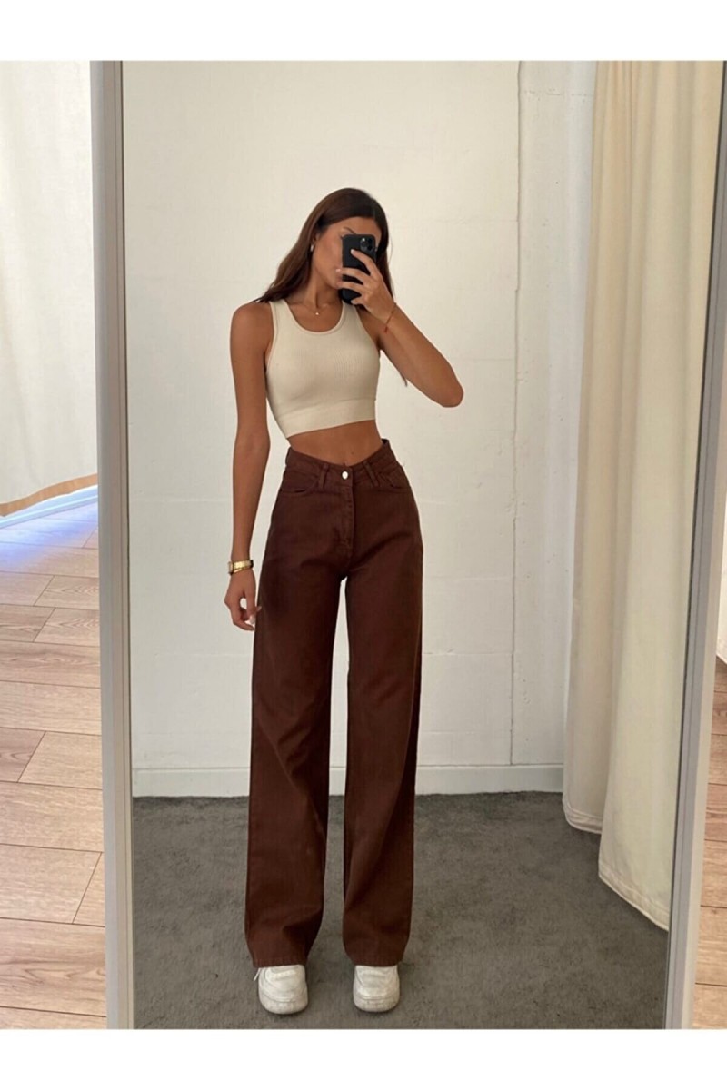 Ela Ikon Gold Salaş Kot Pantolon Kahverengi Likralı Palazzo