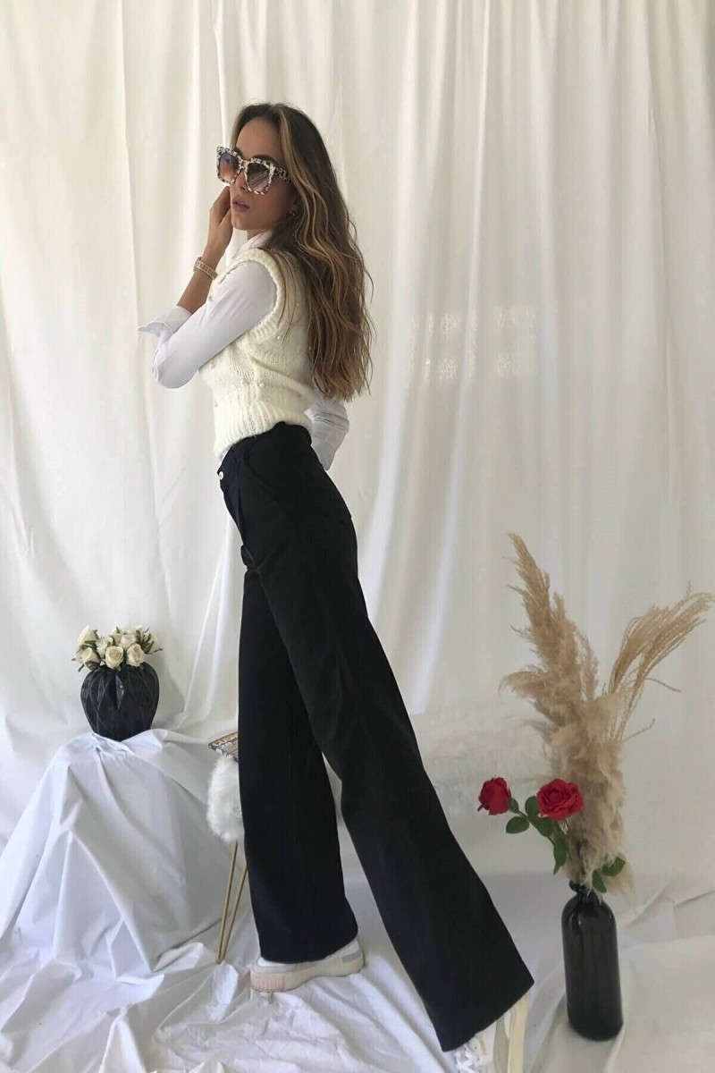 Rose Salaş Kadın Siyah Rikralı Süper Yüksek Bel Salaş Paça Denim Kot Pantolon Rose Salaş Kadın Siyah Rikralı Süper Yüksek Bel Salaş Paça Denim Kot Pantolon