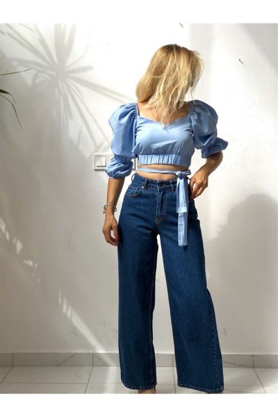 Maya Koyu Mavi 90 s Likralı Süper Yüksek Bel Salaş Jeans Palazzo Pantolon. (süper Yüksek)