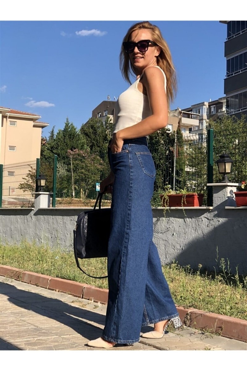 Melisa Koyu Mavi 90's Likralı Süper Yüksek Bel Salaş Jeans Palazzo Pantolon. (süper Yüksek)