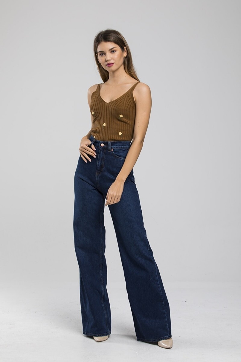 Neva Koyu Mavi 90's Likralı Süper Yüksek Bel Salaş Jeans Palazzo Pantolon. (süper Yüksek)