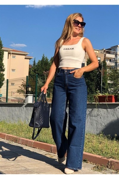 Maya Koyu Mavi 90 s Likralı Süper Yüksek Bel Salaş Jeans Palazzo Pantolon. (süper Yüksek)