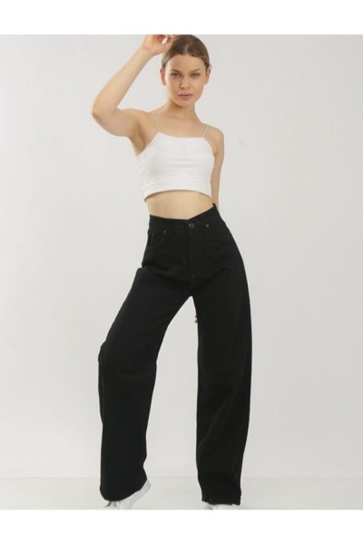 Siyah Likralı Süper Yüksek Bel Salaş Jean Pantolon. (süper Yüksek.) Wide Leg.