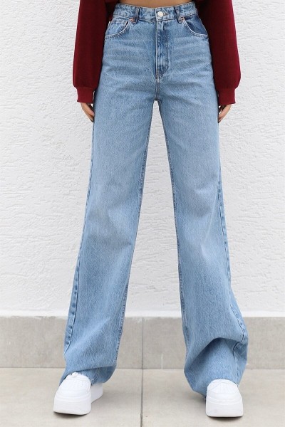 90 s Açık Mavi Likralı Süper Yüksek Bel Salaş Jean Pantolon