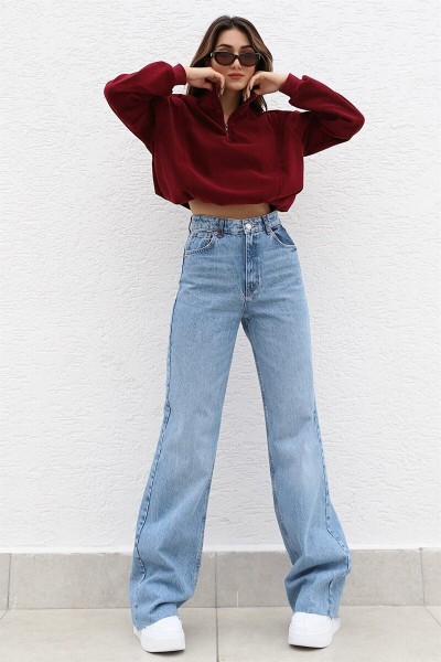 90 s Açık Mavi Likralı Süper Yüksek Bel Salaş Jean Pantolon