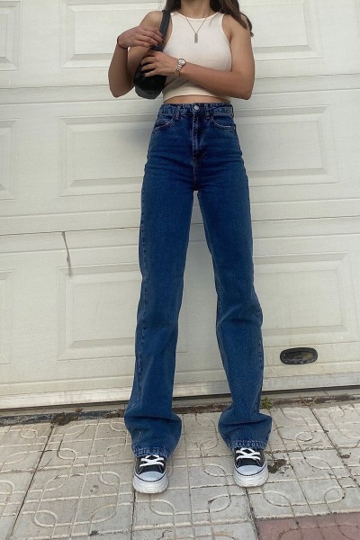 Koyu Mavi 90 s Likralı Süper Yüksek Bel Salaş Jeans Palazzo Pantolon. (süper Yüksek)
