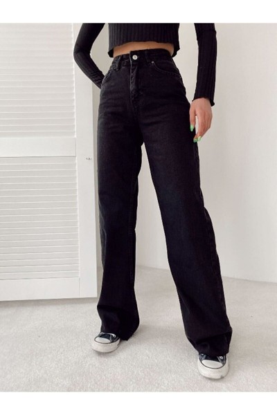 Siyah Likralı Süper Yüksek Bel Salaş Jean Pantolon. (süper Yüksek.) Wide Leg.