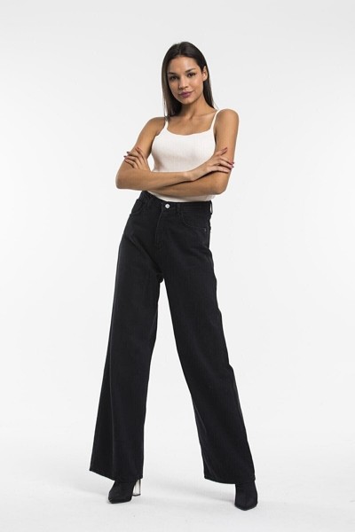Siyah Likralı Süper Yüksek Bel Salaş Jean Pantolon. (süper Yüksek.) Wide Leg.