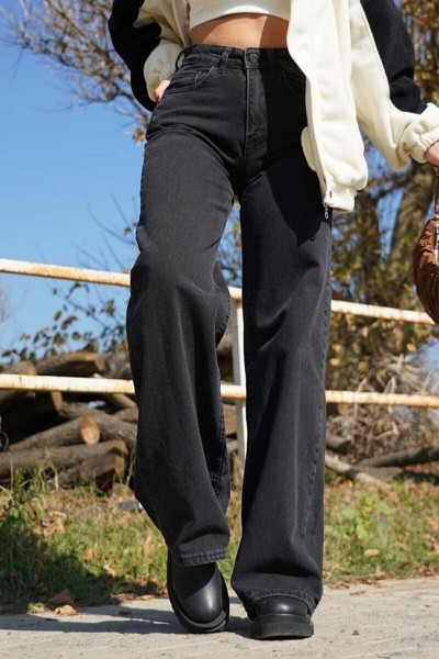 Siyah Likralı Süper Yüksek Bel Salaş Jean Pantolon. (süper Yüksek.) Wide Leg.