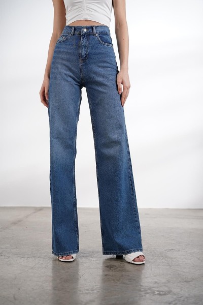 Orta Mavi Likralı Süper Yüksek Bel Salaş Jeans Palazzo Pantolon Wide Leg