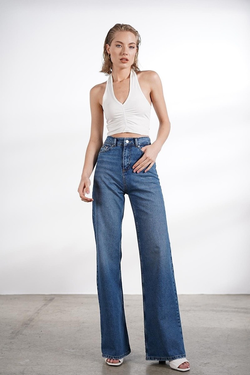Orta Mavi Likralı Süper Yüksek Bel Salaş Jeans Palazzo Pantolon Wide Leg