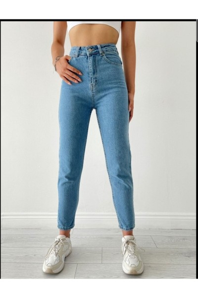 Açık Mavi Yüksek Bel Likralı Mom Jeans Denim Kot Pantolon