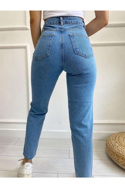 Açık Mavi Yüksek Bel Likralı Mom Jeans Denim Kot Pantolon