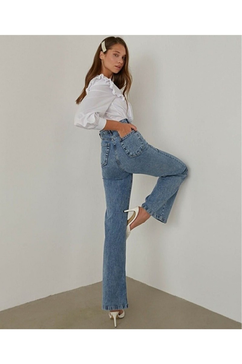 Serenay Tess Indigo Mavi Kadın Salaş Likralı 90's Süper Yüksek Bel Salaş Paça Kot Palazzo Pantolon