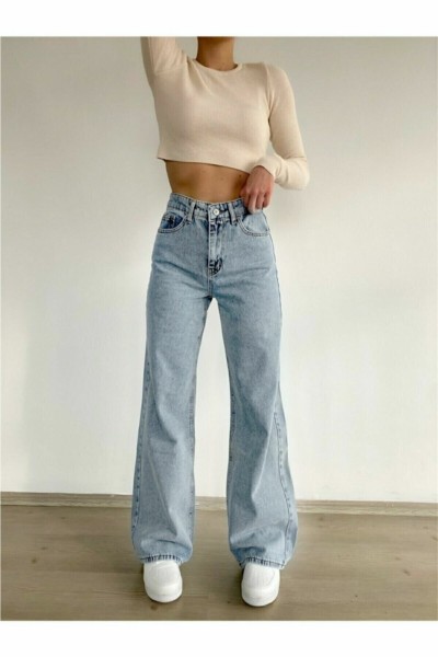 Buz Mavi Kadın Salaş Likralı 90's Süper Yüksek Salaş Paça Kot Palazzo Pantolon