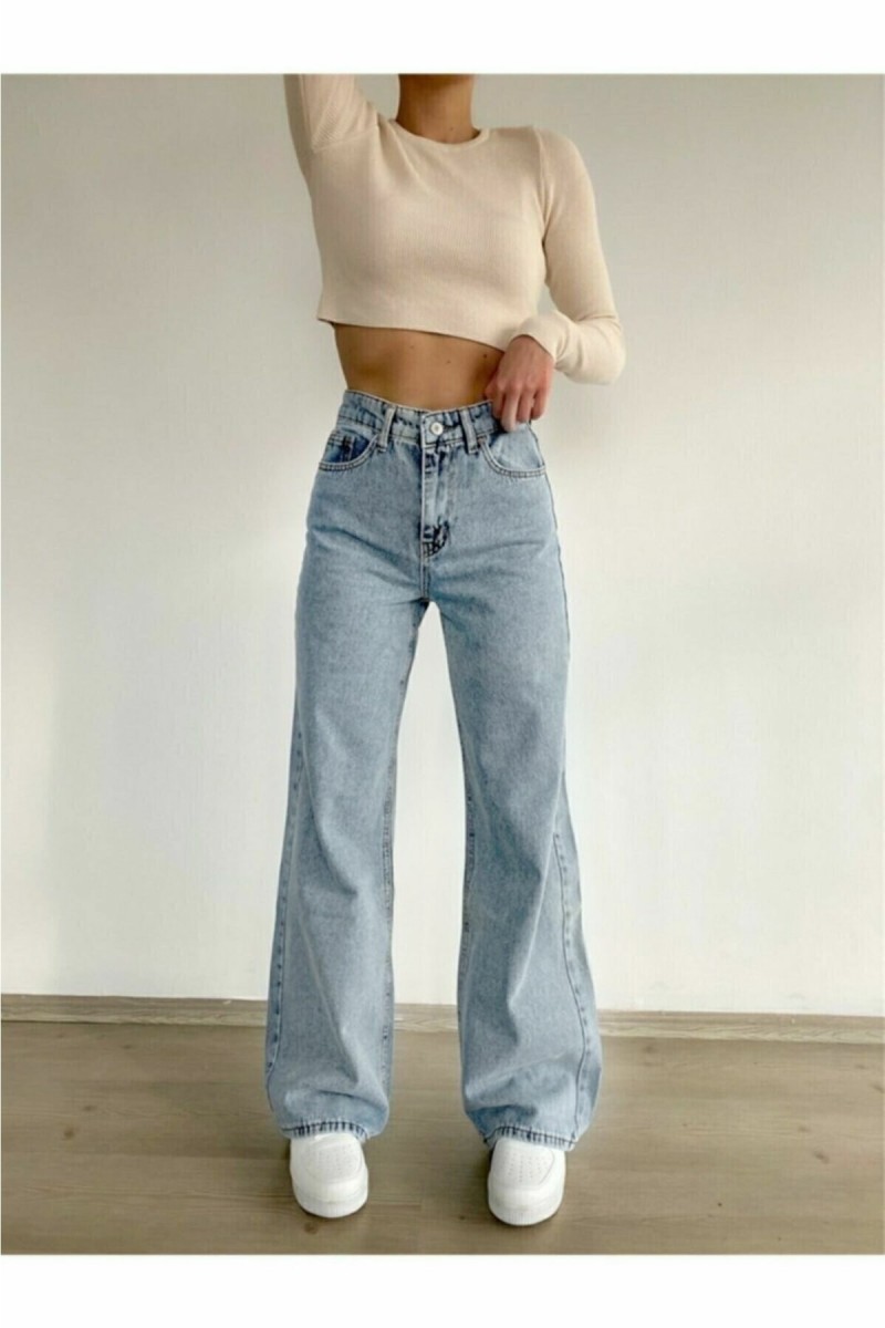 Buz Mavi Kadın Salaş Likralı 90's Süper Yüksek Salaş Paça Kot Palazzo Pantolon