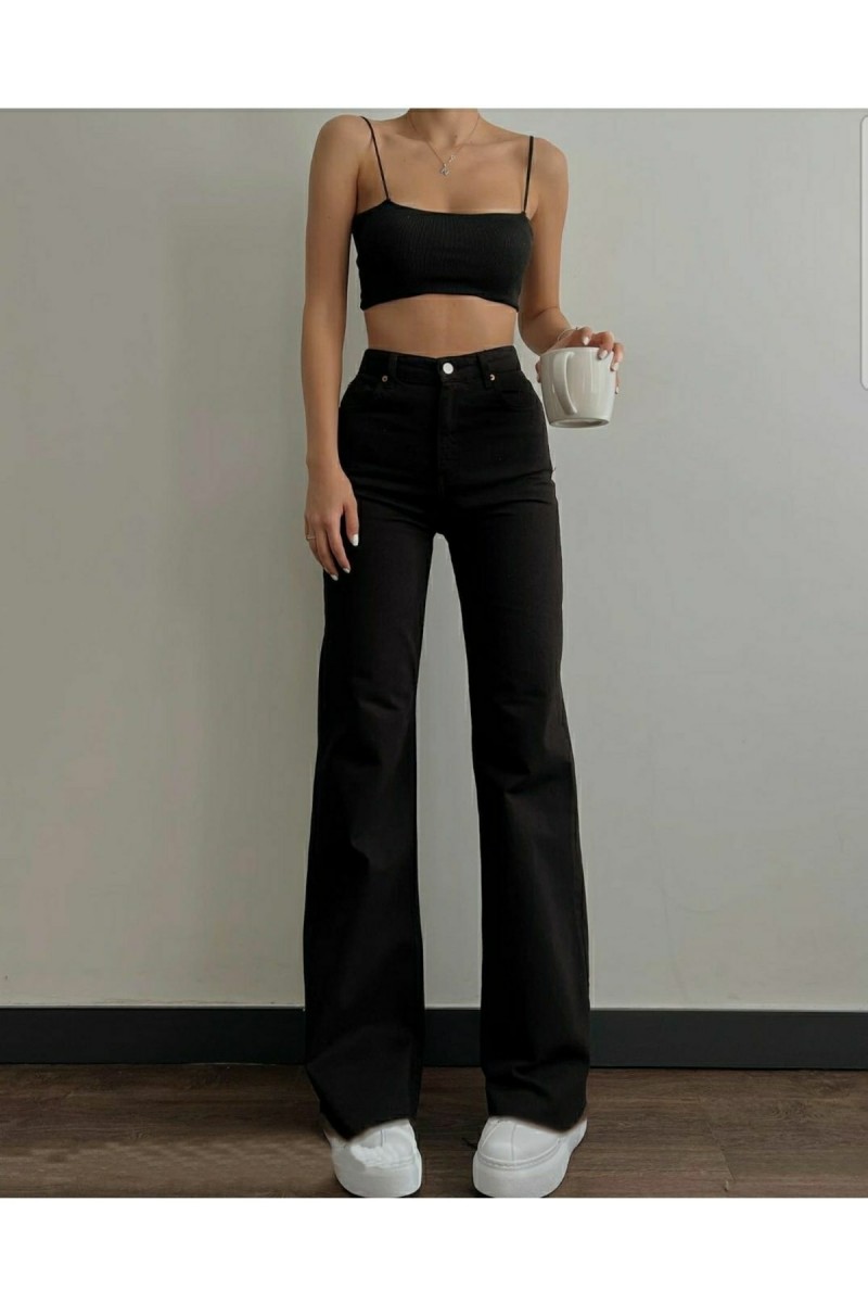 Siyah Salaş Likralı 90's Süper Yüksek Salaş Paça Kot Palazzo Pantolon