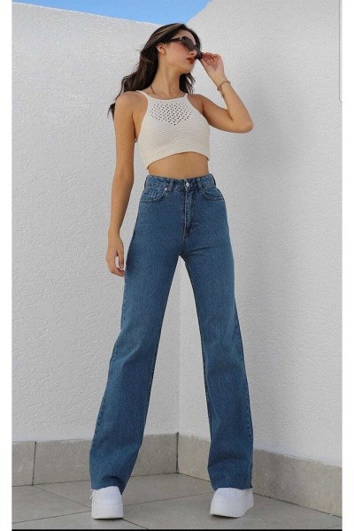 Serenity Ikon Indigo Mavi Kadın Salaş Likralı 90's Süper Yüksek Bel Salaş Paça Kot Palazzo Pantolon