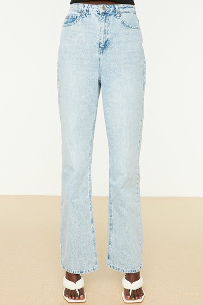 Buz Mavi Kadın Salaş Likralı 90's Süper Yüksek Bol Paça Kot Palazzo Pantolon