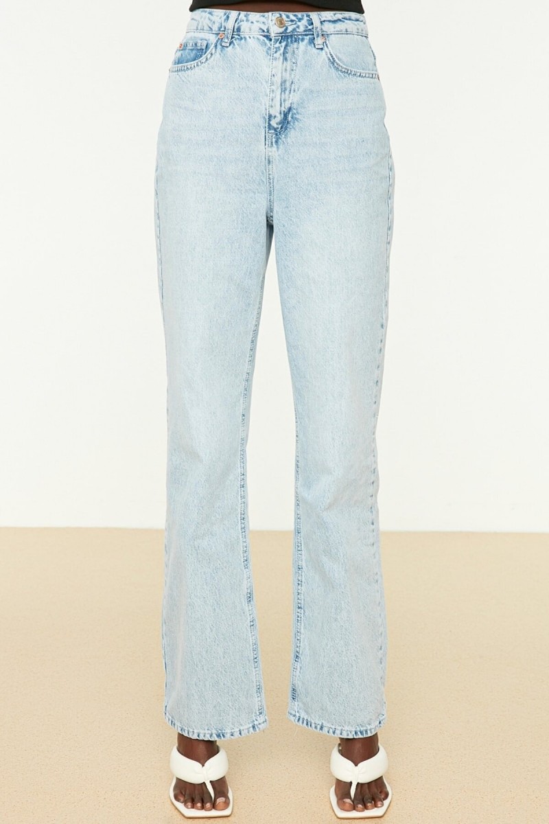 Buz Mavi Kadın Salaş Likralı 90's Süper Yüksek Bol Paça Kot Palazzo Pantolon