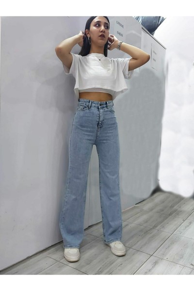 Açık Kar Mavi Kadın Salaş Likralı 90's Süper Yüksek Salaş Paça Kot Palazzo Pantolon