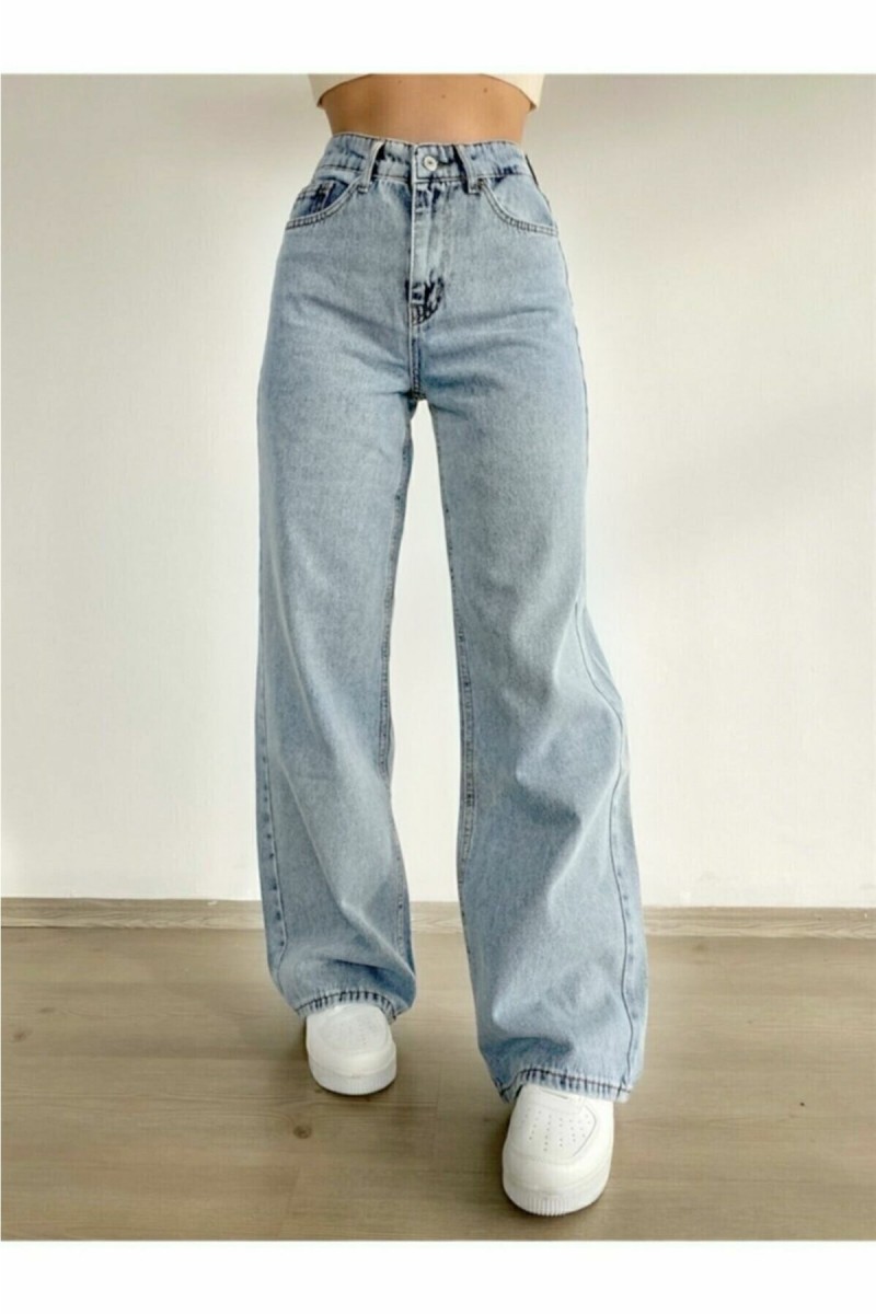 Buz Mavi Kadın Salaş Likralı 90's Süper Yüksek Salaş Paça Kot Palazzo Pantolon