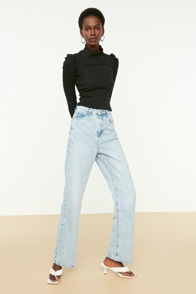 Buz Mavi Kadın Salaş Likralı 90's Süper Yüksek Bol Paça Kot Palazzo Pantolon