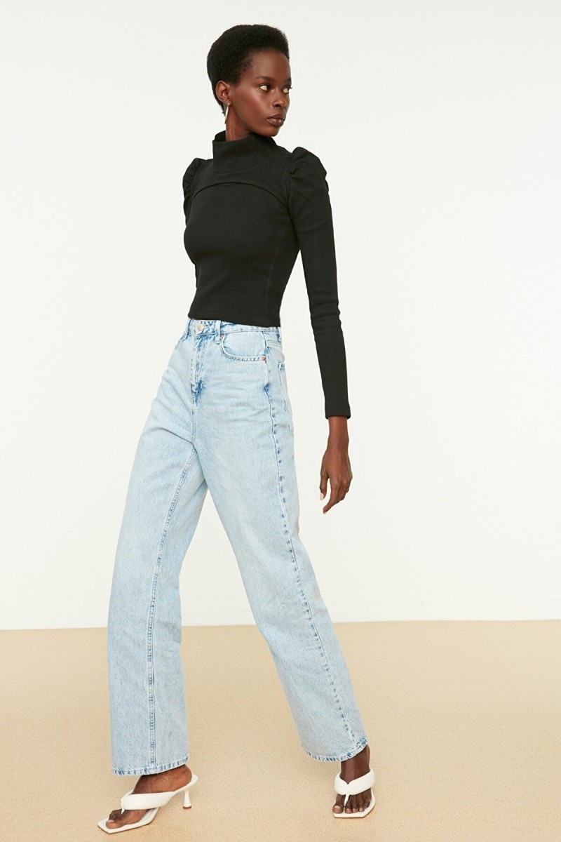 Buz Mavi Kadın Salaş Likralı 90's Süper Yüksek Bol Paça Kot Palazzo Pantolon