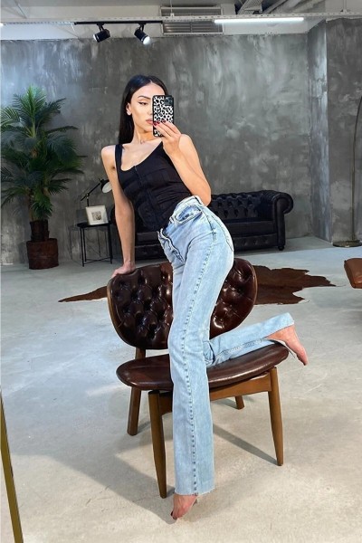 90's Kar Yıkama Içten Yırtmaçlı Mavi Süper Extra Yüksek Bel Palazzo Salaş Jean Pantolon