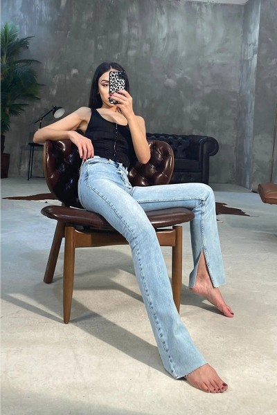 90's Kar Yıkama Içten Yırtmaçlı Mavi Süper Extra Yüksek Bel Palazzo Salaş Jean Pantolon