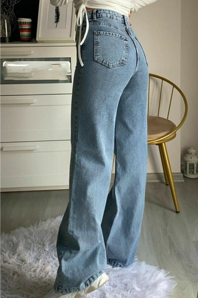 90`s Likralı Salaş Kadın Orta Kar Mavi Süper Yüksek Bel Salaş Paça Denim Kot Pantolon