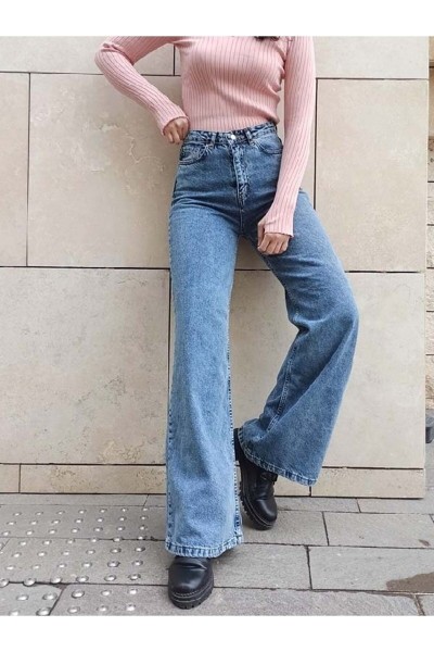 90`s Likralı Salaş Kadın Orta Kar Mavi Süper Yüksek Bel Bol Paça Denim Kot Pantolon