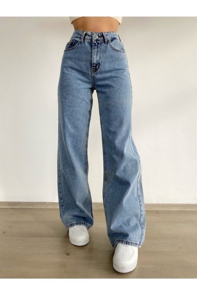 90`s Likralı Salaş Kadın Orta Kar Mavi Süper Yüksek Bel Salaş Paça Denim Kot Pantolon