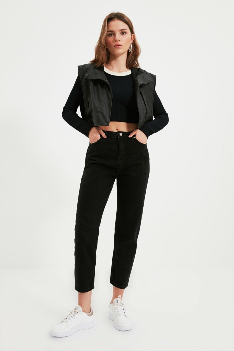 Kadın Siyah Beli Lastikli Mom Jeans