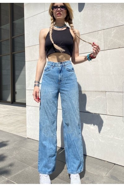 Orta Mavi Rikralı Salaş Yüksek Bel Salaş Paça Denim Kot Pantolon