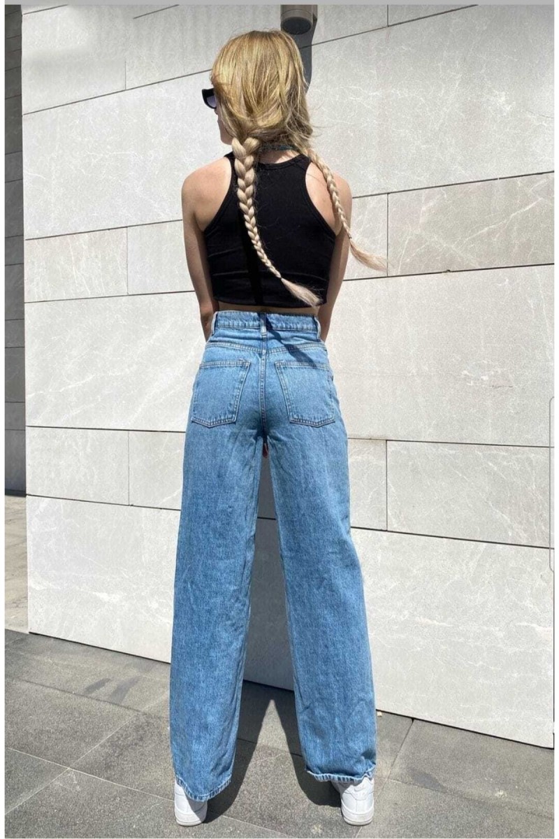 Orta Mavi Rikralı Salaş Yüksek Bel Salaş Paça Denim Kot Pantolon