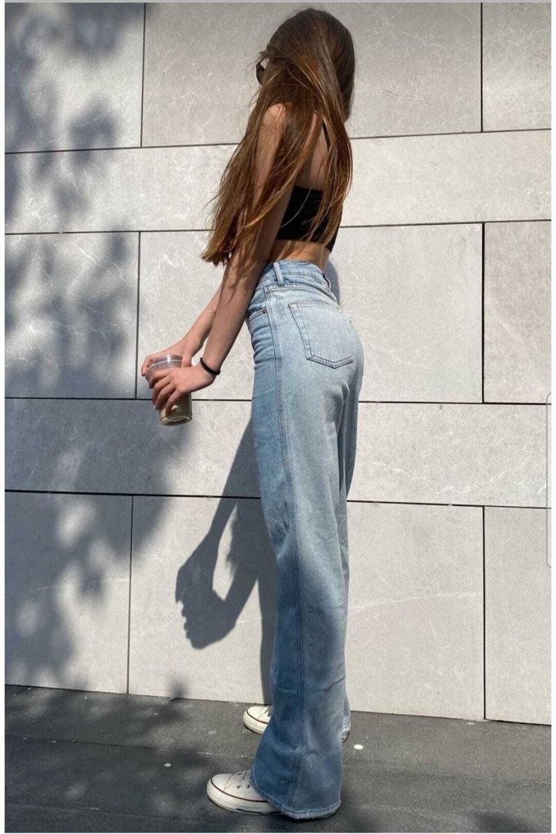 Orta Mavi Rikralı Salaş Yüksek Bel Salaş Paça Denim Kot Pantolon