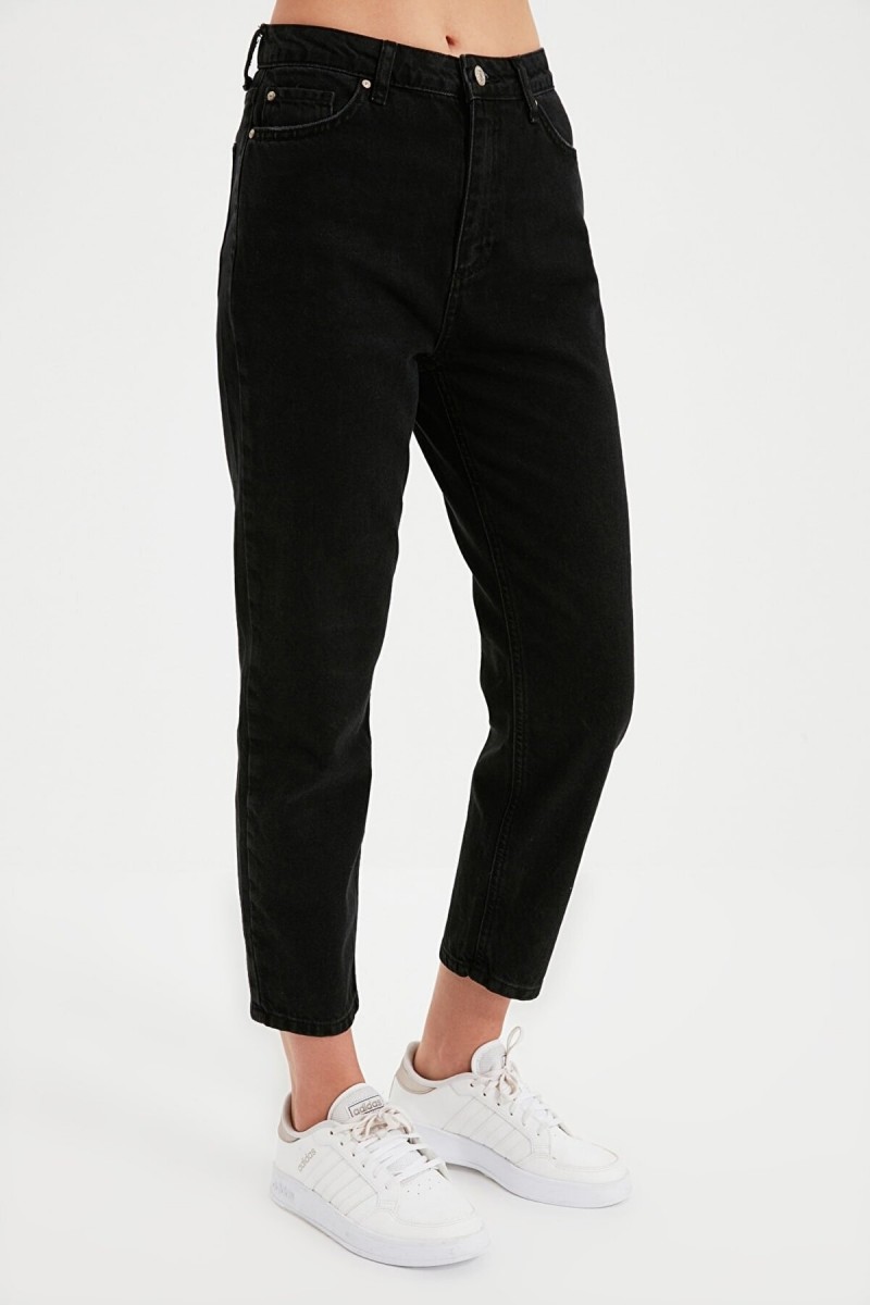 Kadın Siyah Beli Lastikli Mom Jeans